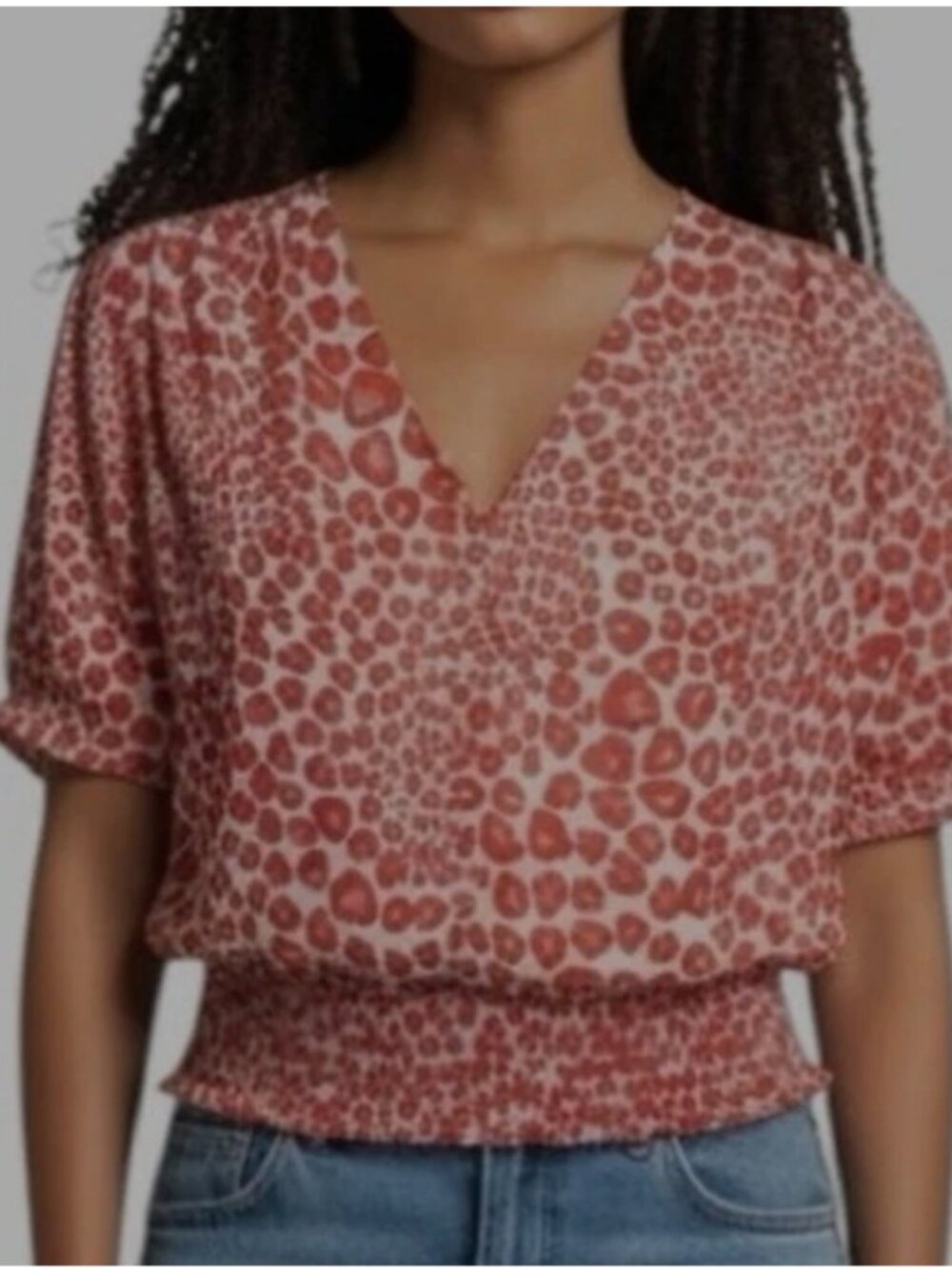 Joie Strawberry Print Swiss Dot Smocked Waist Puff Sleeve Blouse Large 12 14